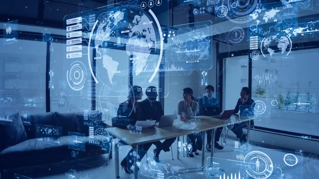 Man using a laptop with AI graphics overlayed