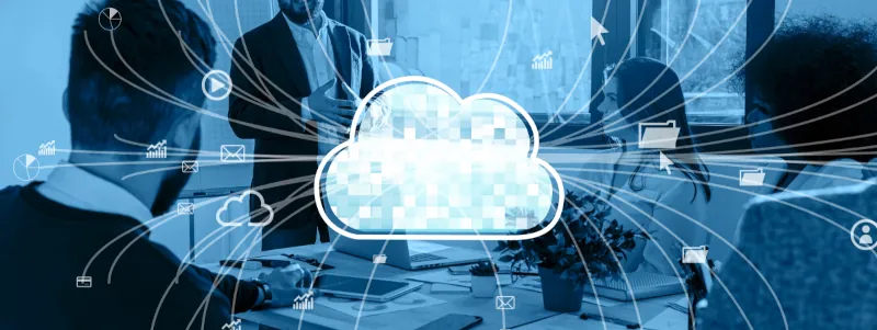 Office meeting overlayed with graphics illustrating network security and naas elements