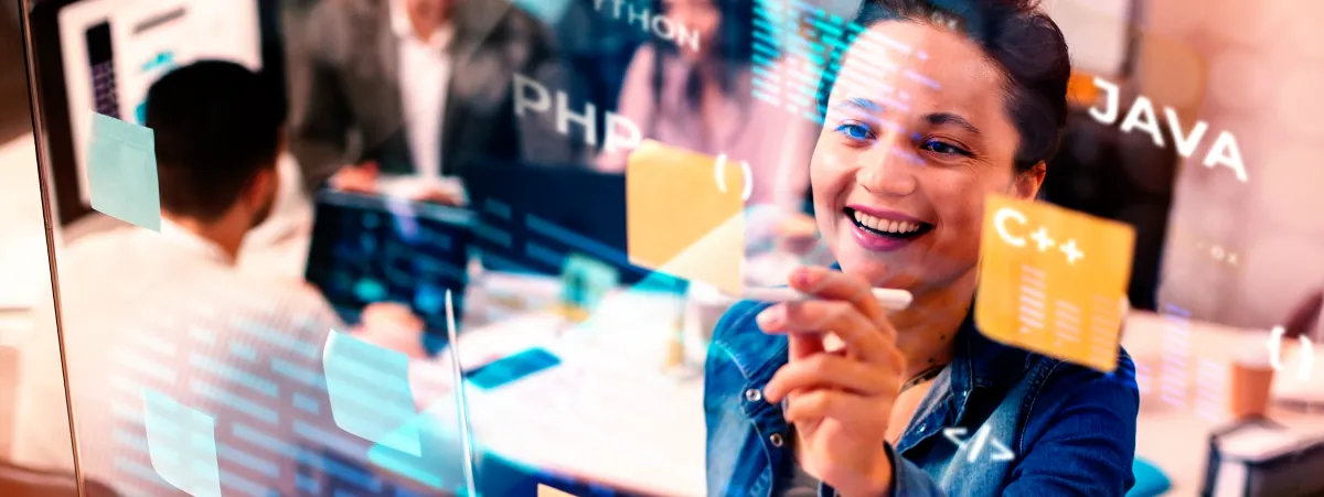 Image of a womans face overlayed with programming code