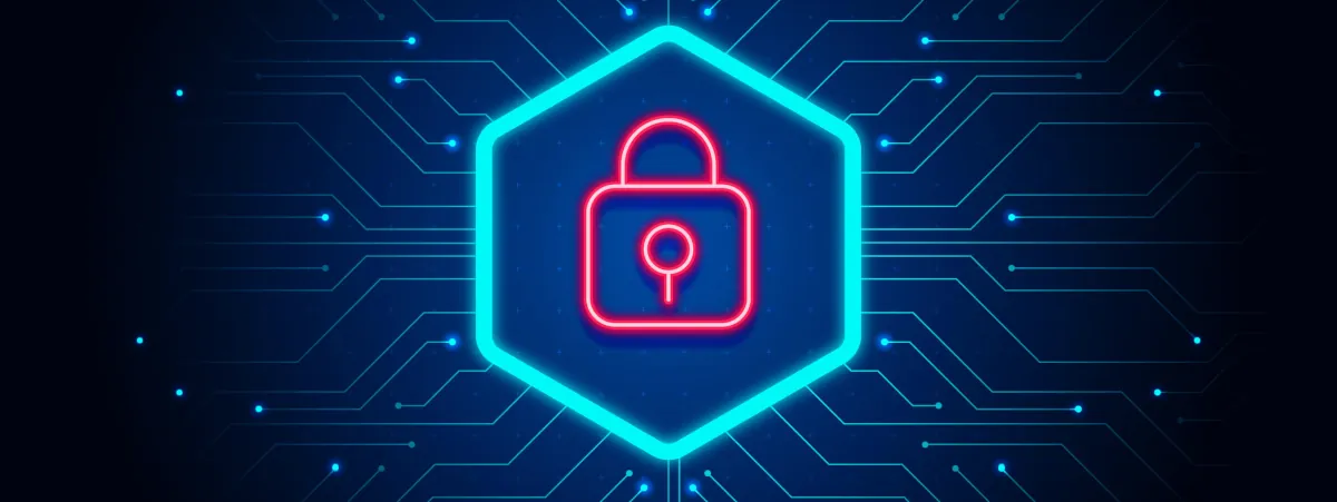 Image of a neon padlock and circuit representing zero trust security and artificial intelligence